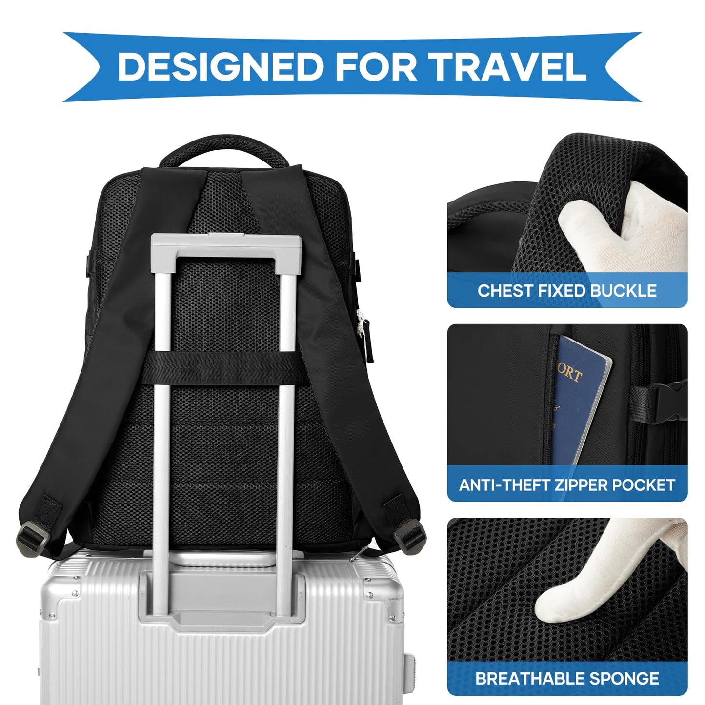 Livhil Travel Backpack for Women & Men, Travel Backpack Carry on Flight Approved Fits 16" Laptop, Black