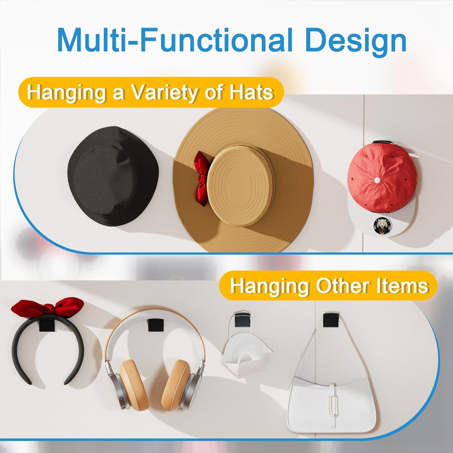 Livhil 24 Pack Adhesive Hat Rack, ABS Plastic Wall Hat Organizer, Multipurpose Hat Hooks for Wall, No Drilling