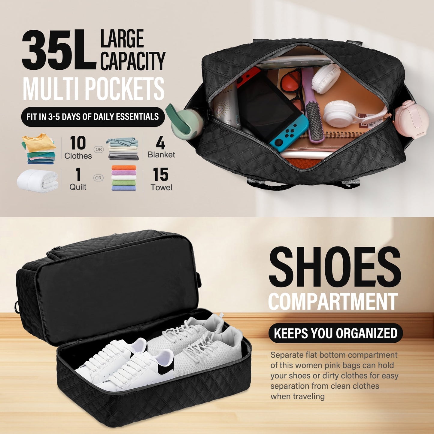 Livhil 2Pcs Large Women Travel Duffle Bag, Carry on Overnight Bag for Women Gym Bag with Shoe Compartment Weekender Travel Bag for Business Trips Sport Hospital