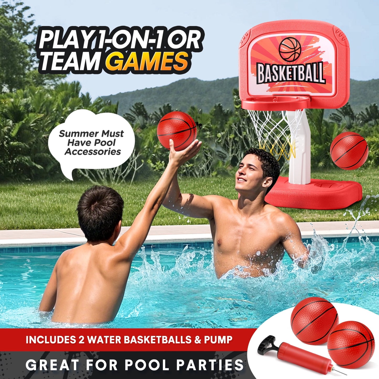 Ayieyill Pool Basketball Hoop, Swimming Pool Basketball Games with Pool Basketball Hoop Poolside and 2 Balls