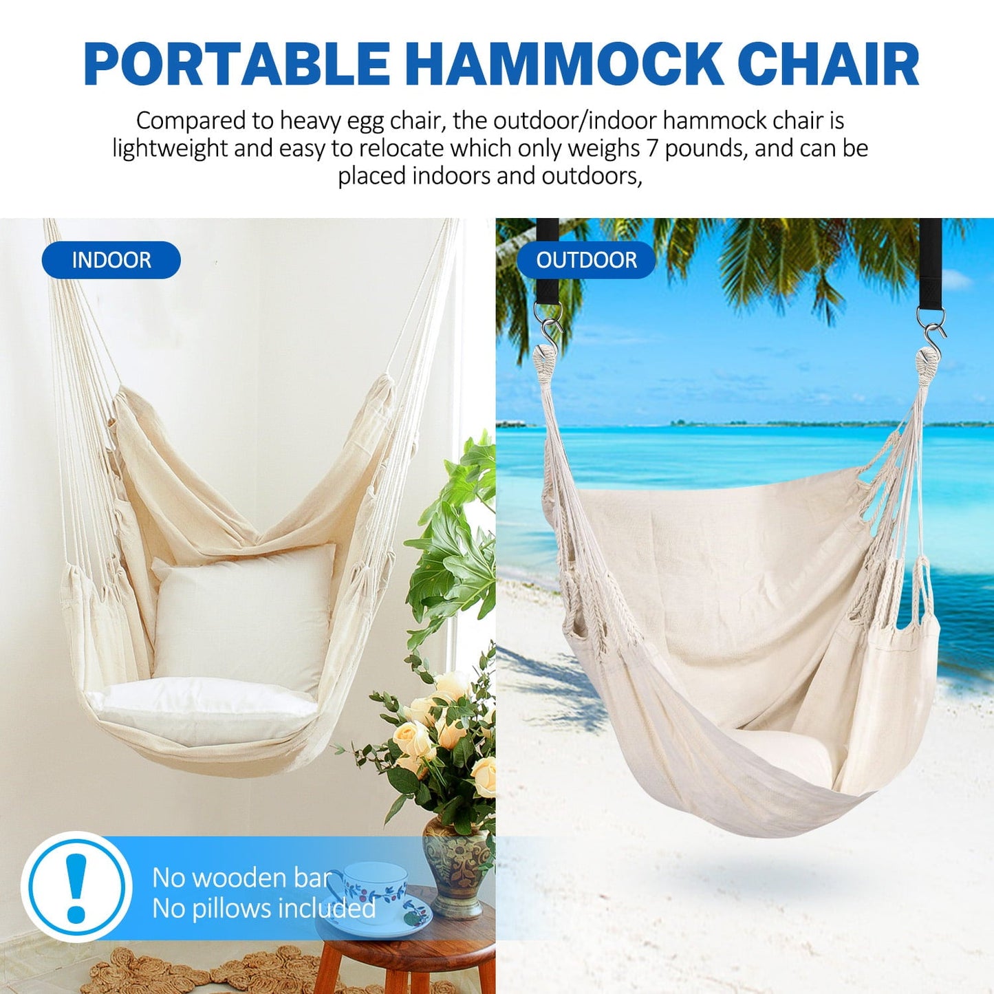 Hammock Chair Hanging Rope Hammock Swing Chair, Max 300 lbs Portable Hanging Hammock Chair