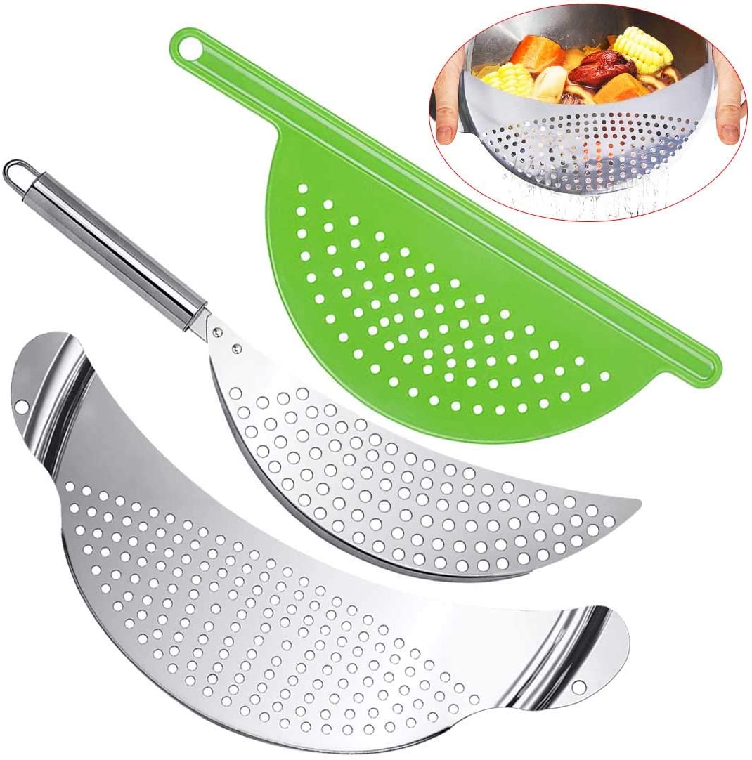 3pcs Stainless Steel Pot Strainer, Pasta Strainer Hand Held Pot Drainer, Crescent Pot Strainer