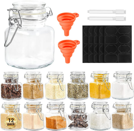 4 oz Square Glass Spice Jars  - 12 Airtight Flip Top Bottles
