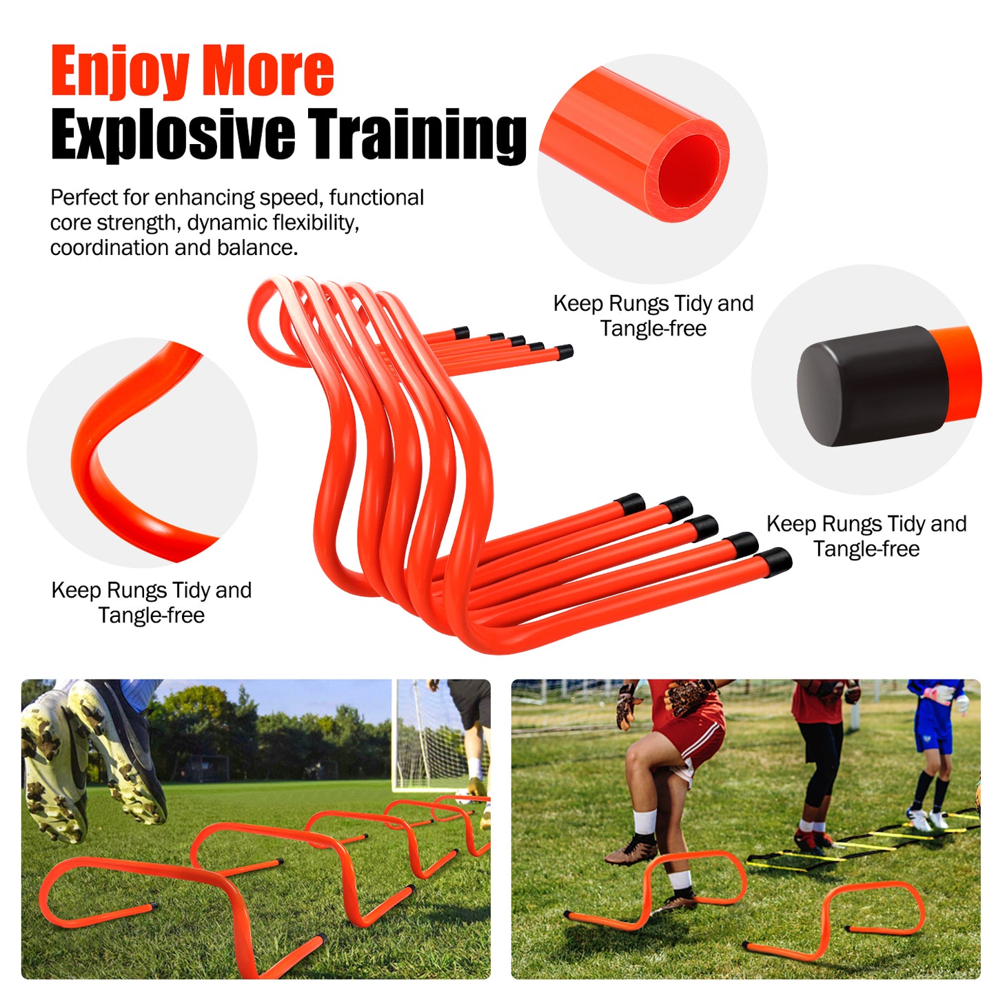 12 Rung Agility Training Ladder Kit, Extra 5pcs Speed Hurdles