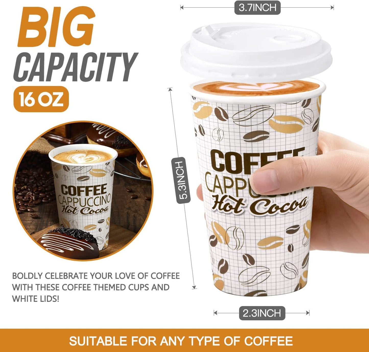 Disposable Coffee Cups with Lids, 16 Ounce, 100 Count