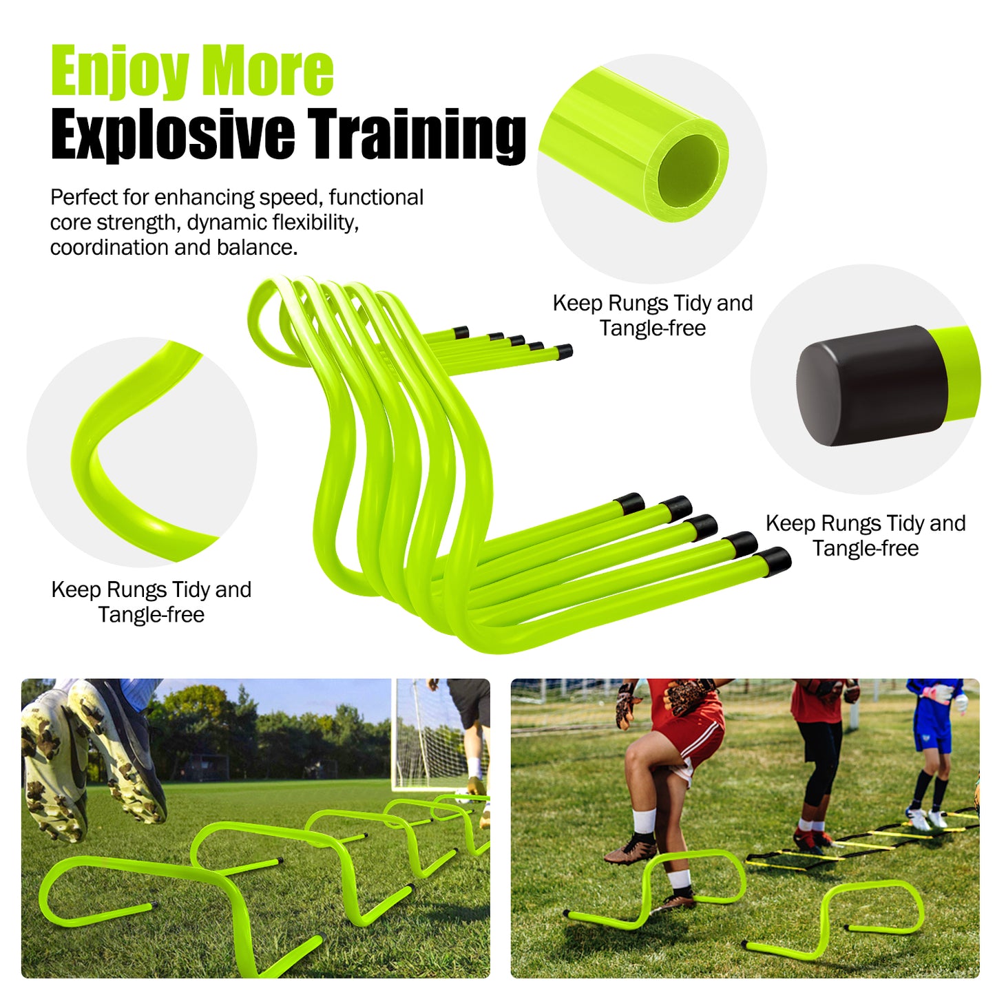 12 Rung Agility Training Ladder Kit, Extra 5pcs Speed Hurdles