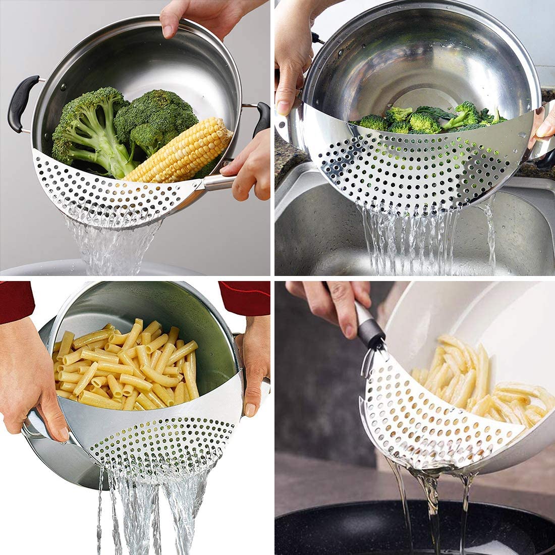 3pcs Stainless Steel Pot Strainer, Pasta Strainer Hand Held Pot Drainer, Crescent Pot Strainer